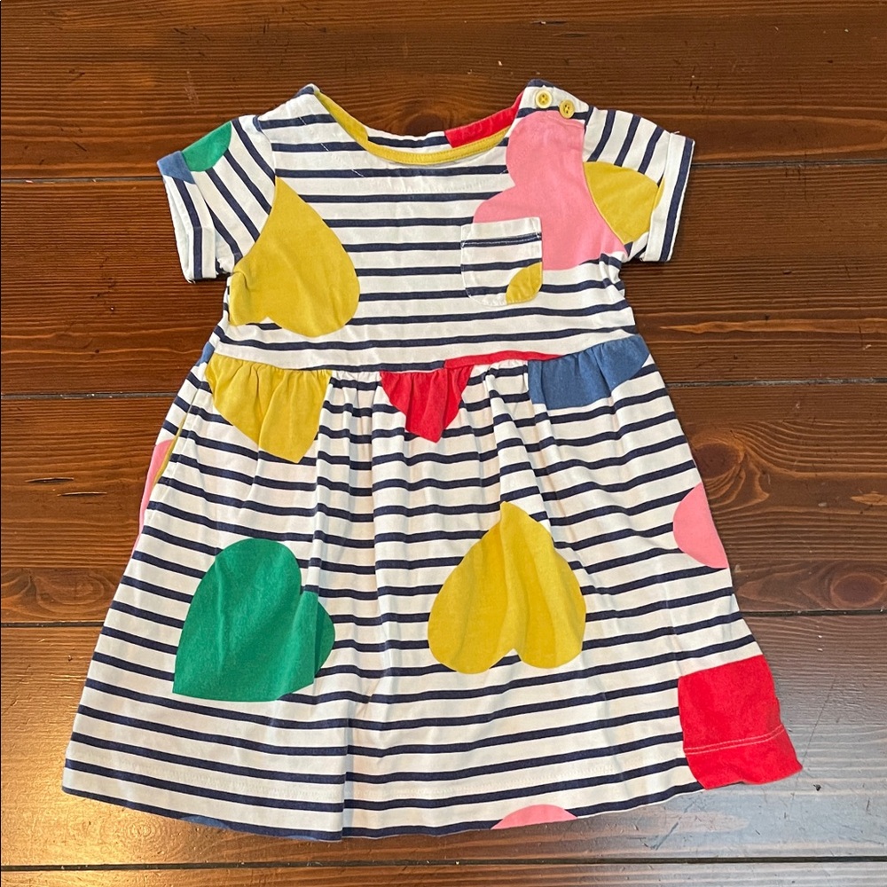 Mini Boden Navy Striped Dress with Colorful Hearts